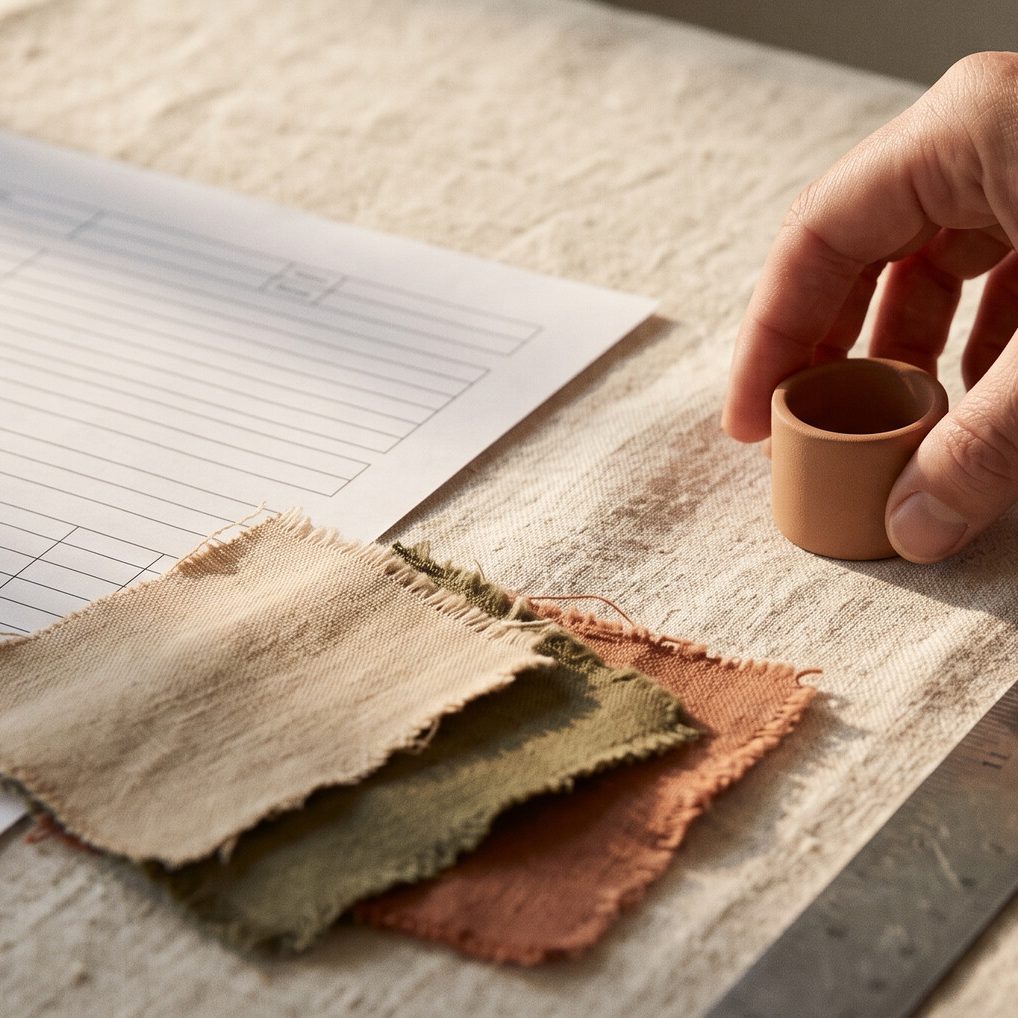 Fabric swatches, a ruler and a printed specification sheet on a linen-covered table