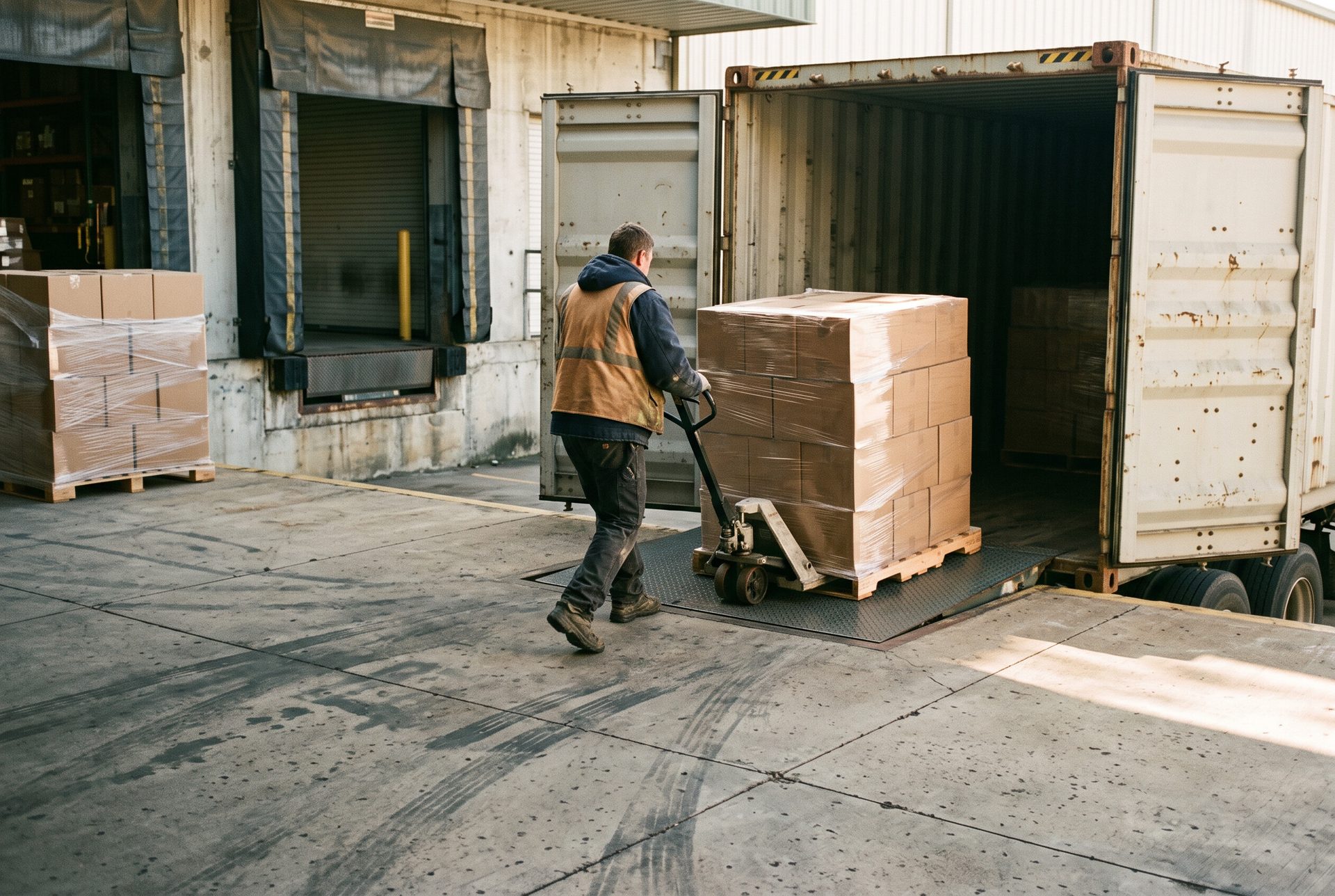 A worker wheels a pallet of cartons out of a shipping container at a loading dock
