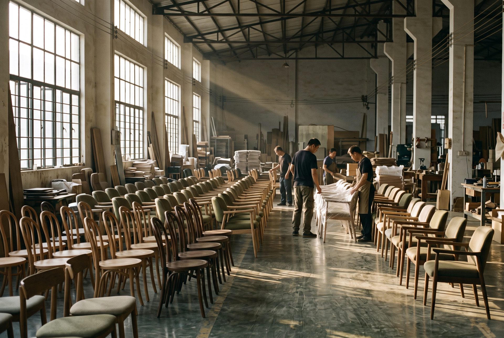 Rows of finished wooden and upholstered chairs in a furniture workshop, sunlight falling through tall windows