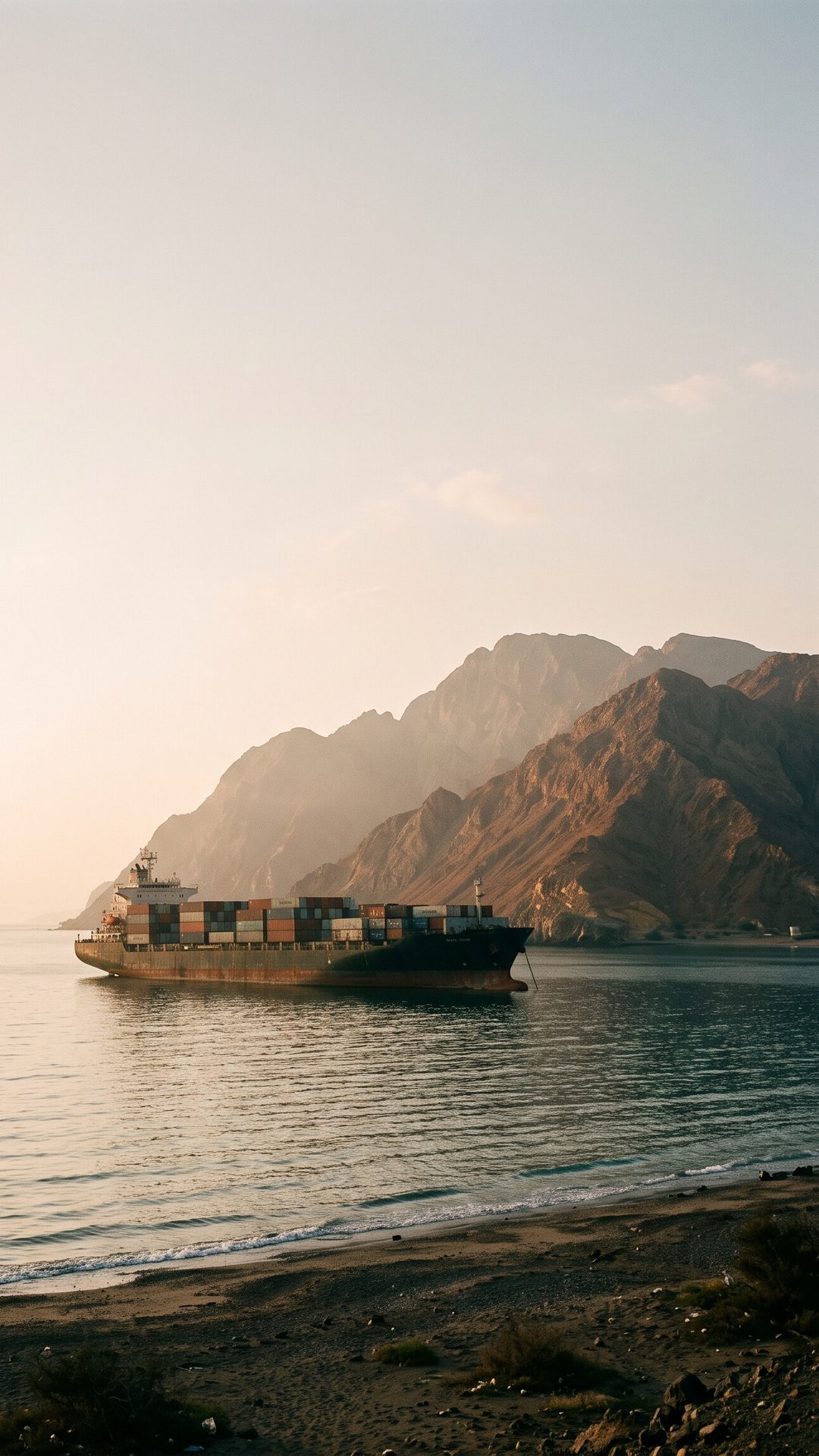A container ship off a rocky coast at dawn, mountains behind